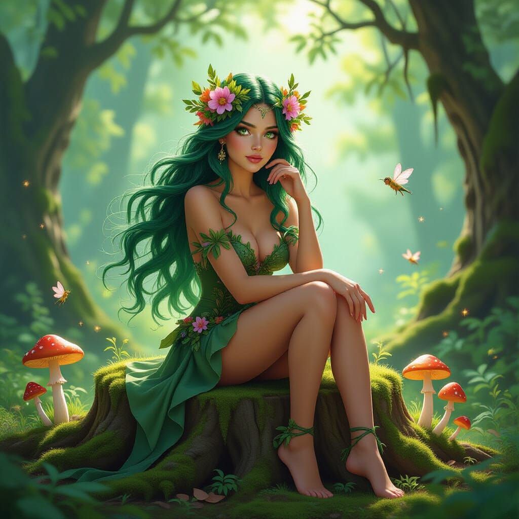 Enchanted Forest Nymph with Sprites, in Ethereal Style