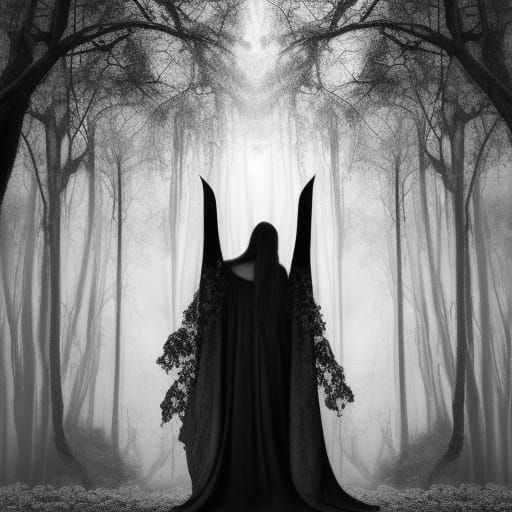 Monochrome Magical Forest with Woman in Black Robe