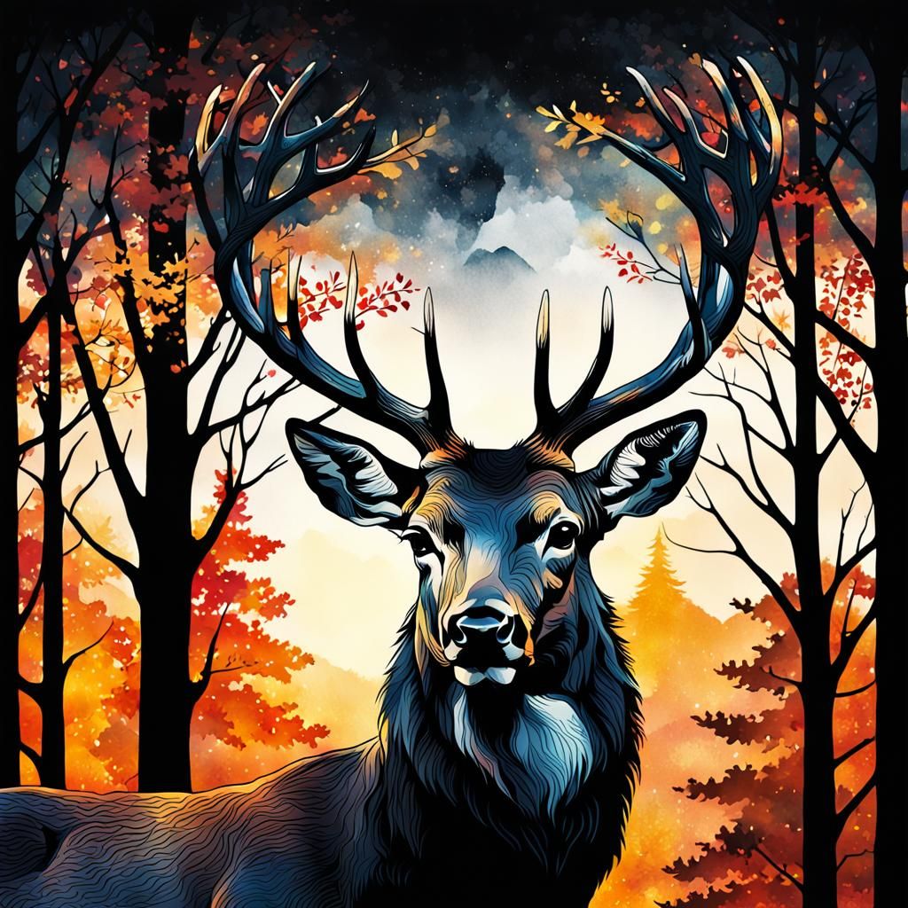 Majestic Deer Silhouette with Autumn Forest Landscape