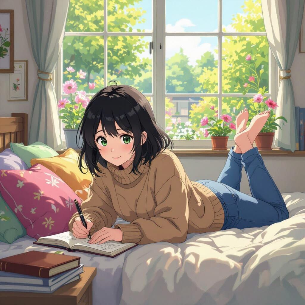 Girl Writing Diary in Cozy Room, Anime Style