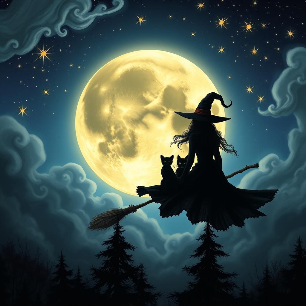 Witch on Broom with Cat Under Moonlight