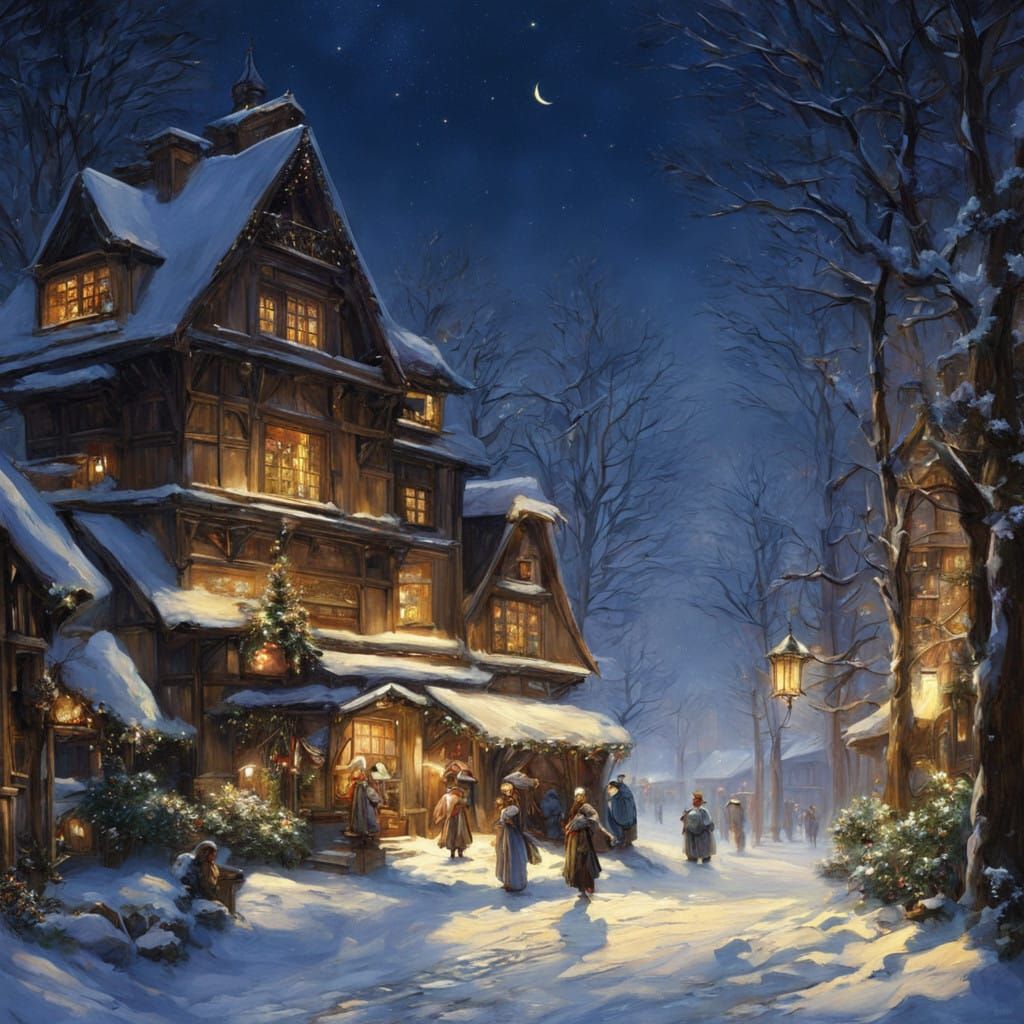 Christmas Night in a Snowy Landscape with Starry Sky