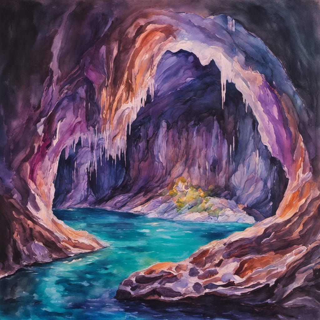 Bioluminescent Cave System: Gouache Style Maximalist Paintin...