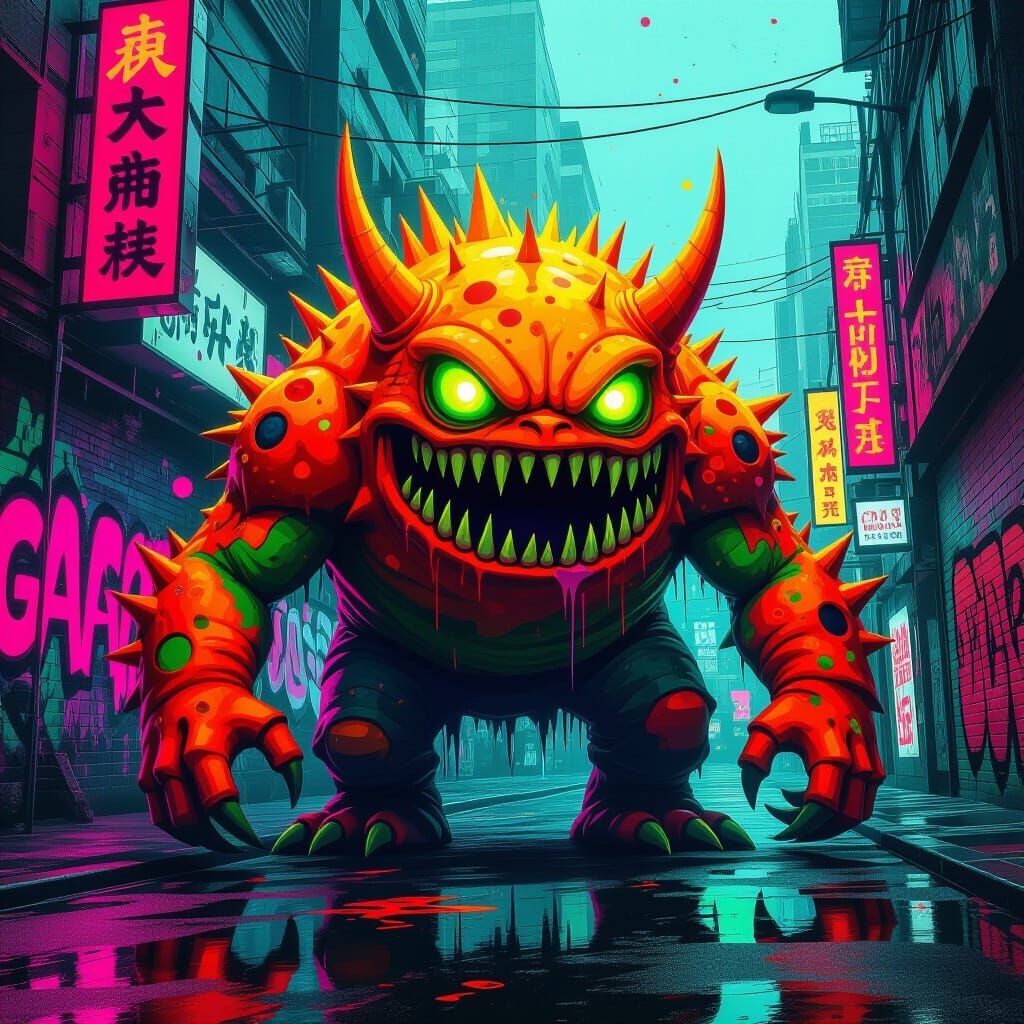 Vibrant Neon Monster in Street Art Scene
