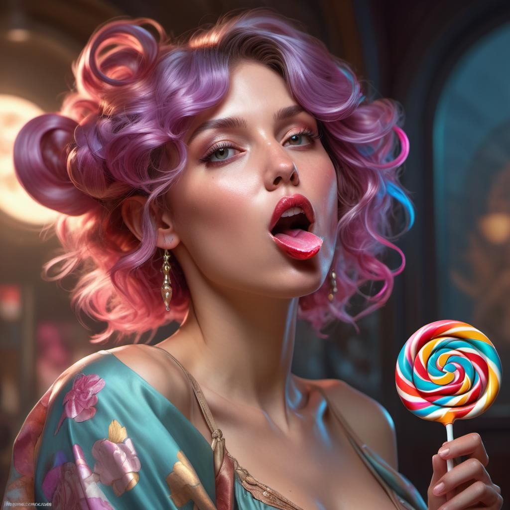 Celebrity Licking Lollipop Portrait in Hyperdetailed Style