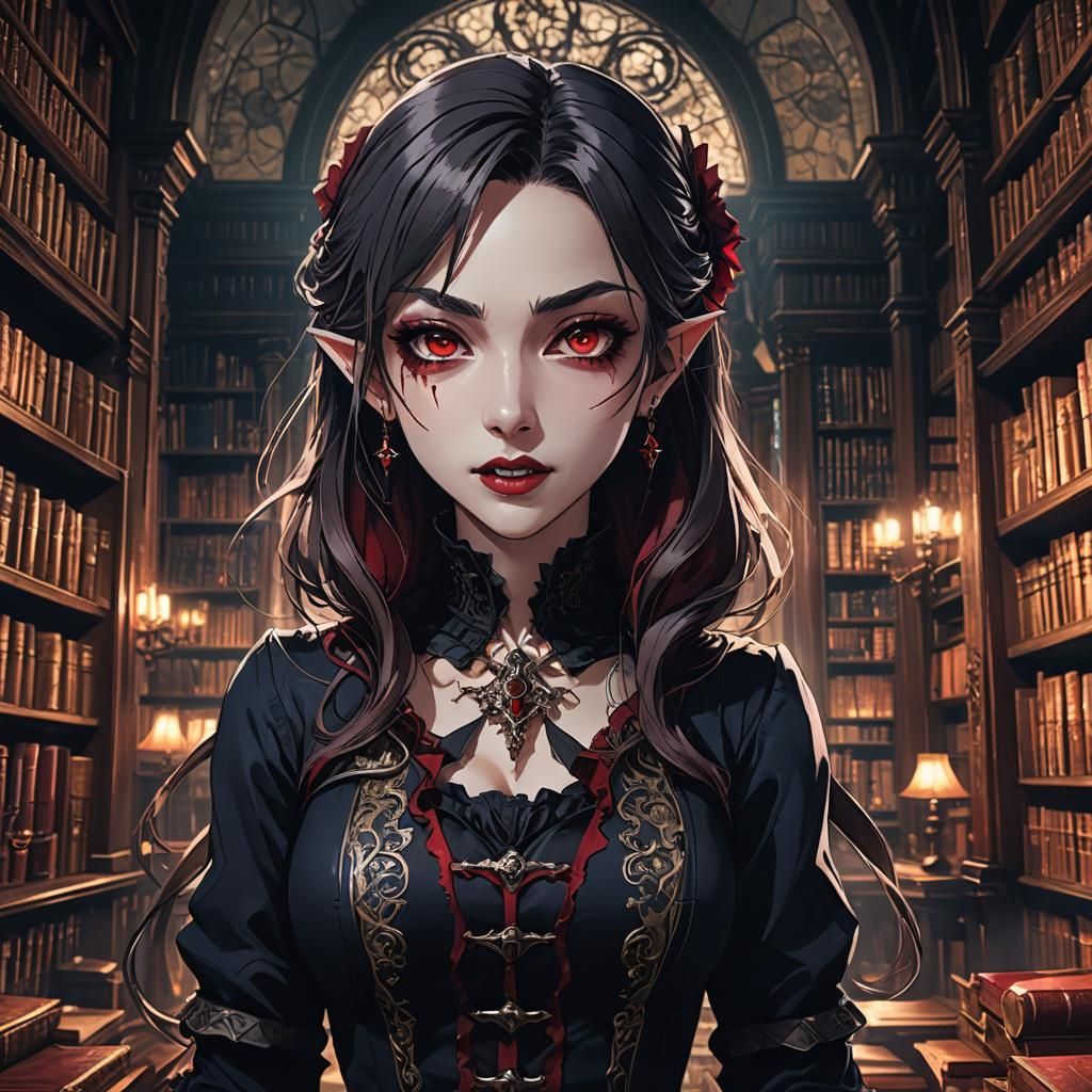 Anime Vampire Tutor in Ornate Library