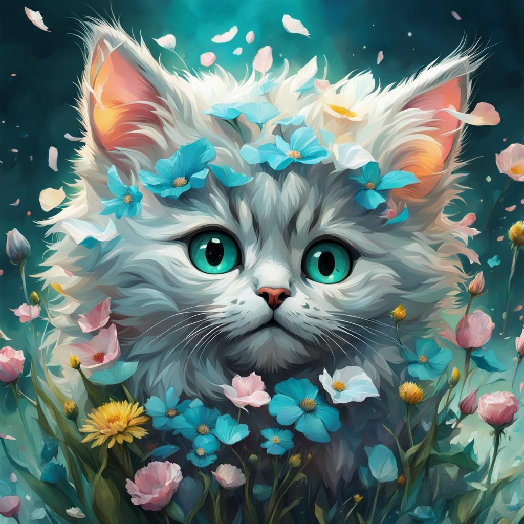 Cute Cat with Flowers, Digital Art