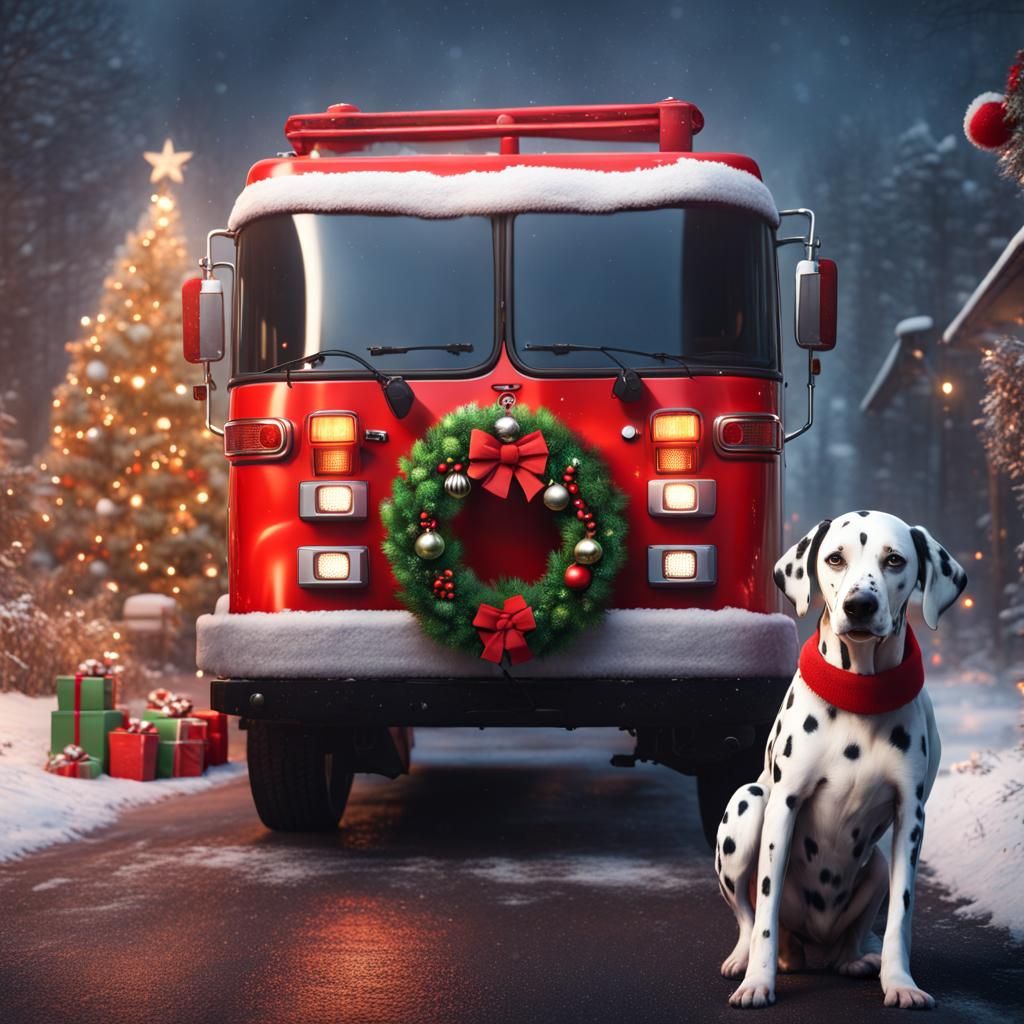 Festive Firetruck with Dalmatian in Matte Painting Style