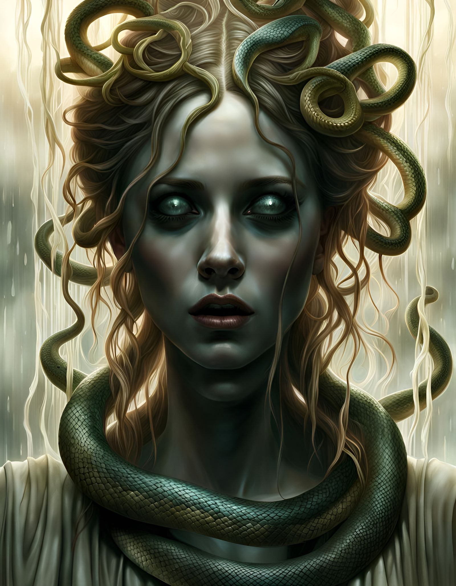 Ethereal Medusa with Snakes in Jeremy Geddes Style
