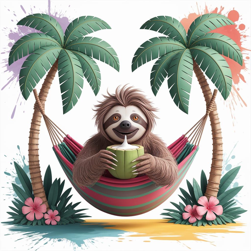 Tiki Sloth Eating Coconut in Enchanted Palm Jungle