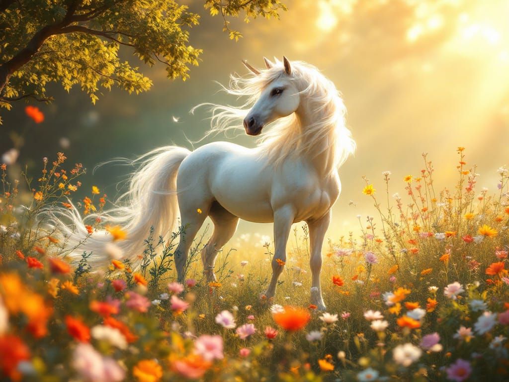 Majestic White Unicorn in Sunlit Meadow
