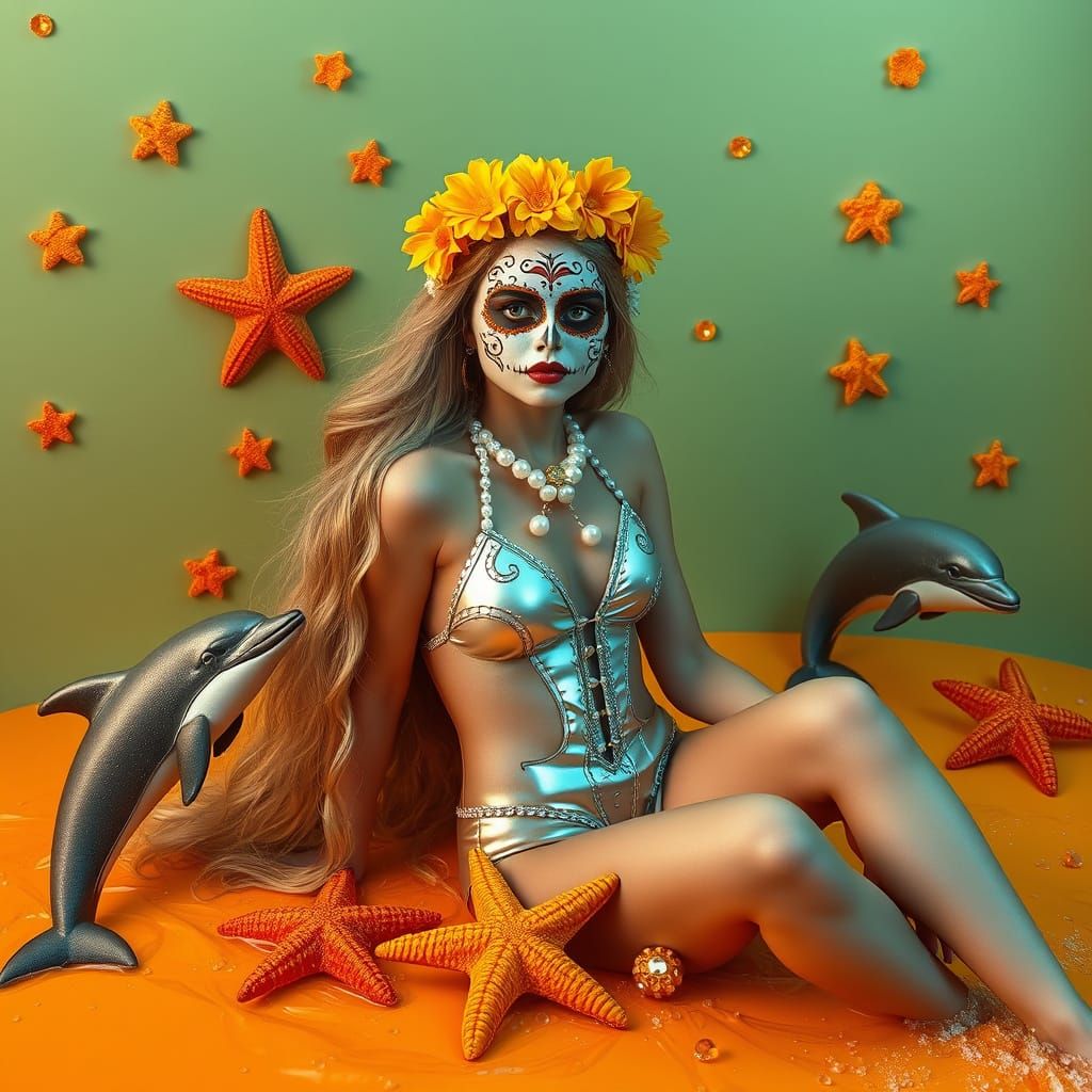 Woman on Soda Surface with Día de los Muertos Face Paint