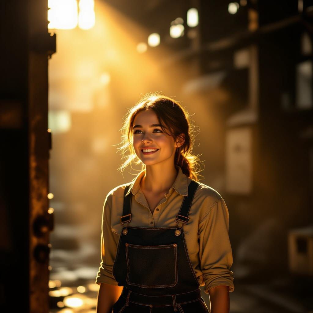 Woman Emerging From Factory Shadow Into Golden Light