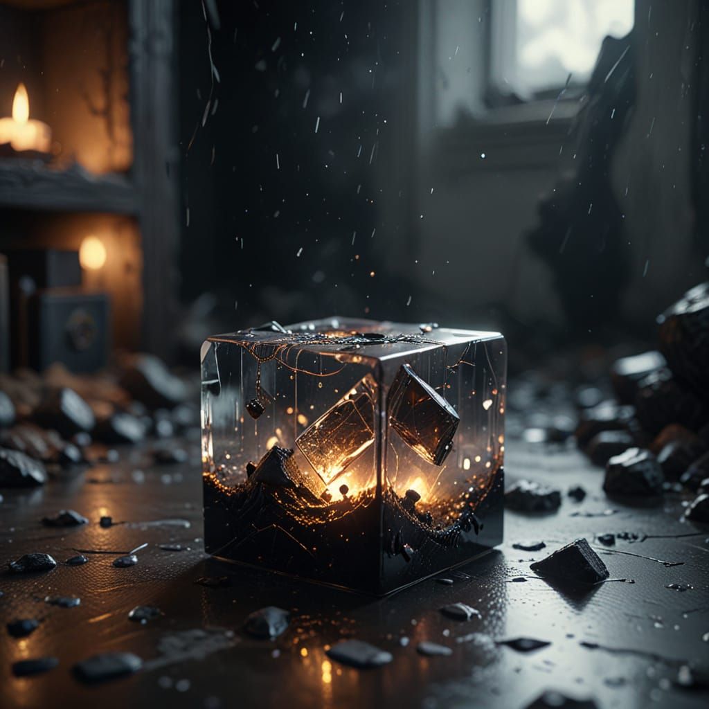Ethereal Glass Cube Shatters in a Void, Radiating Ominous Ee...