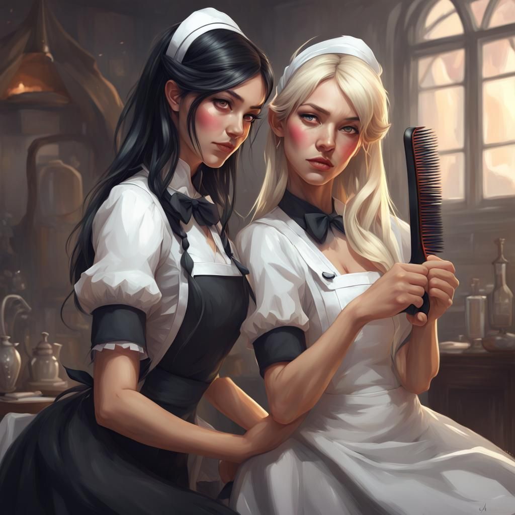 Maid Brushing Mistress's Hair: Art Nouveau Portrait