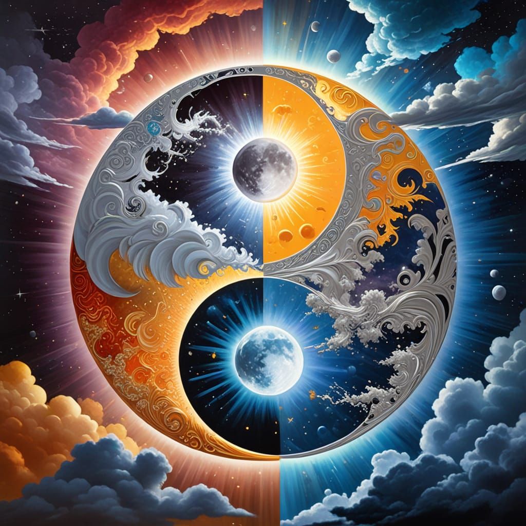 Cosmic Yin Yang Oil Painting with Silver Clouds