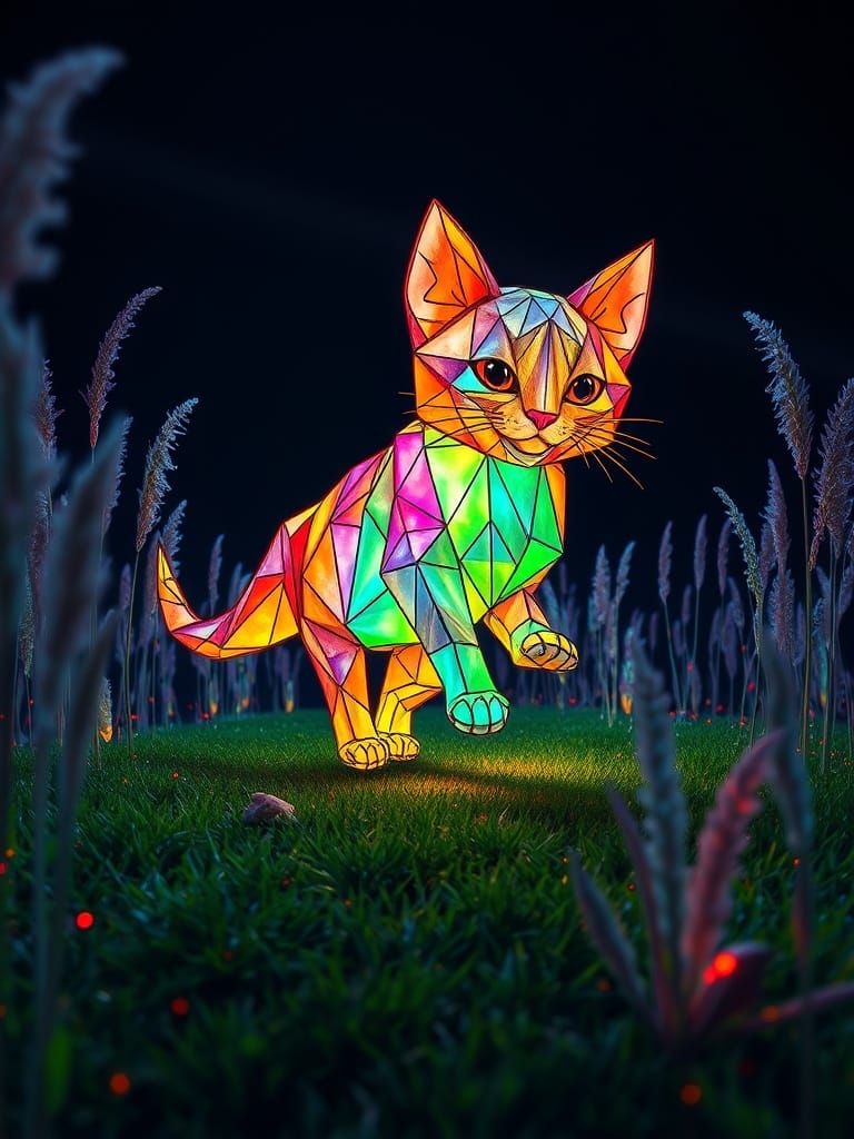 Giant Glowing Origami Kitten in Crystal Grass Field
