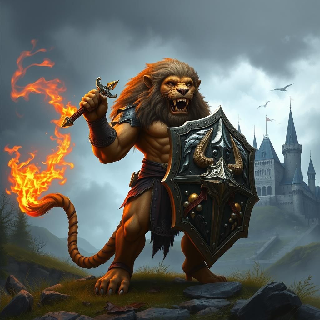 Lion Barbarian with Fire Sword and Shield