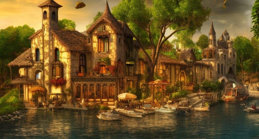 Steampunk Mediterranean Village with Vineyard Chateau