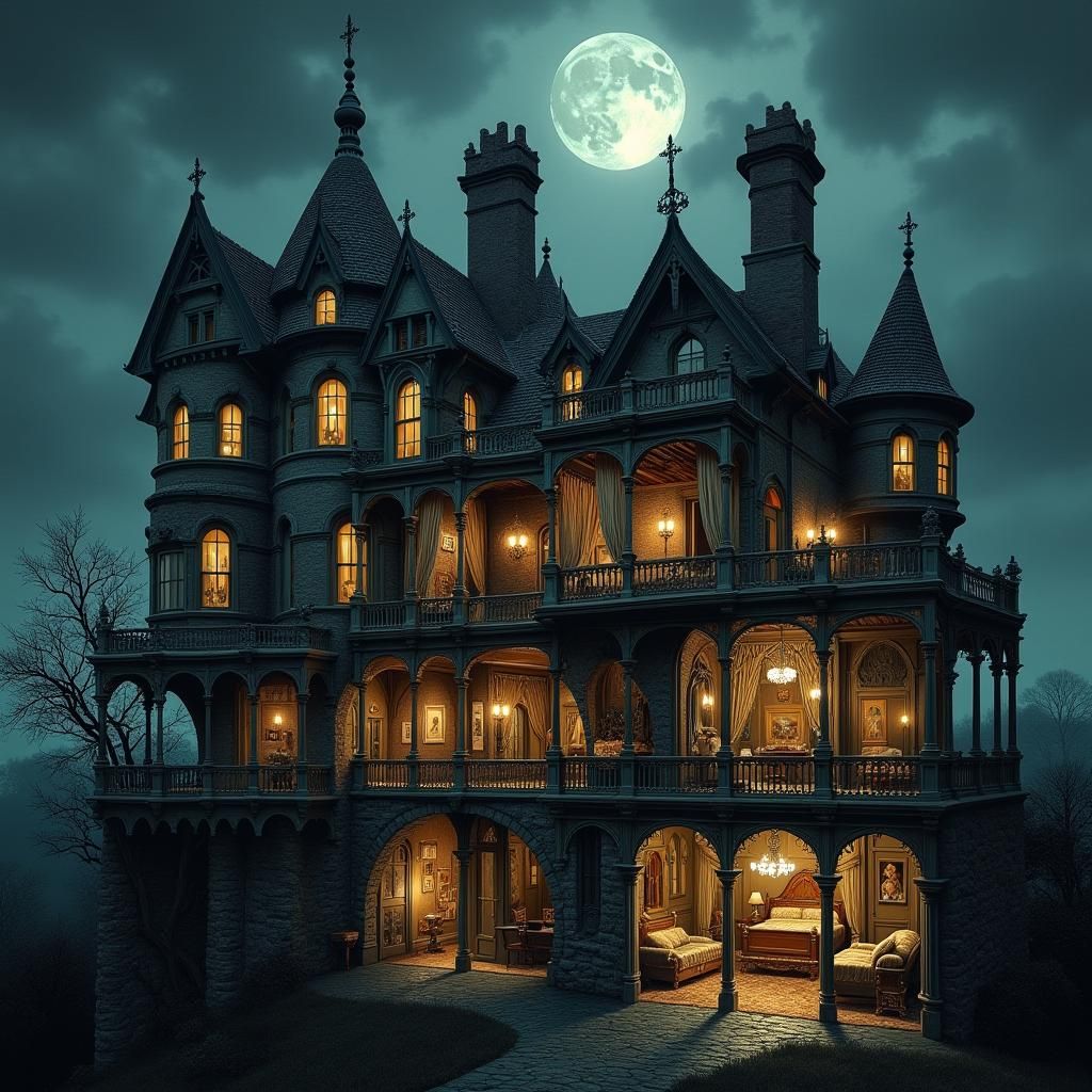 Victorian Mansion Cutaway in Gothic Architecture Style