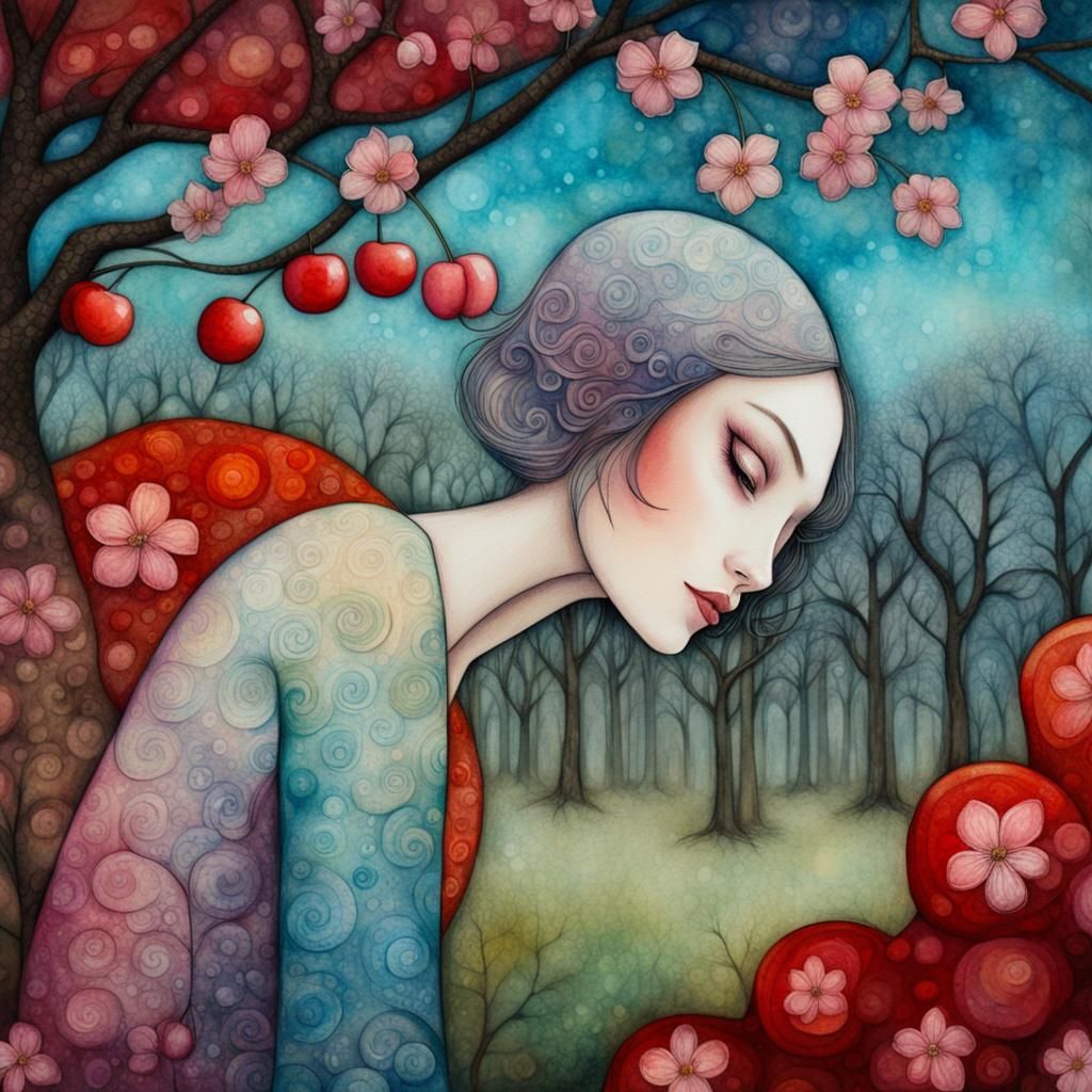 Transparent Woman with Cherry Blossoms in Art Brut Style