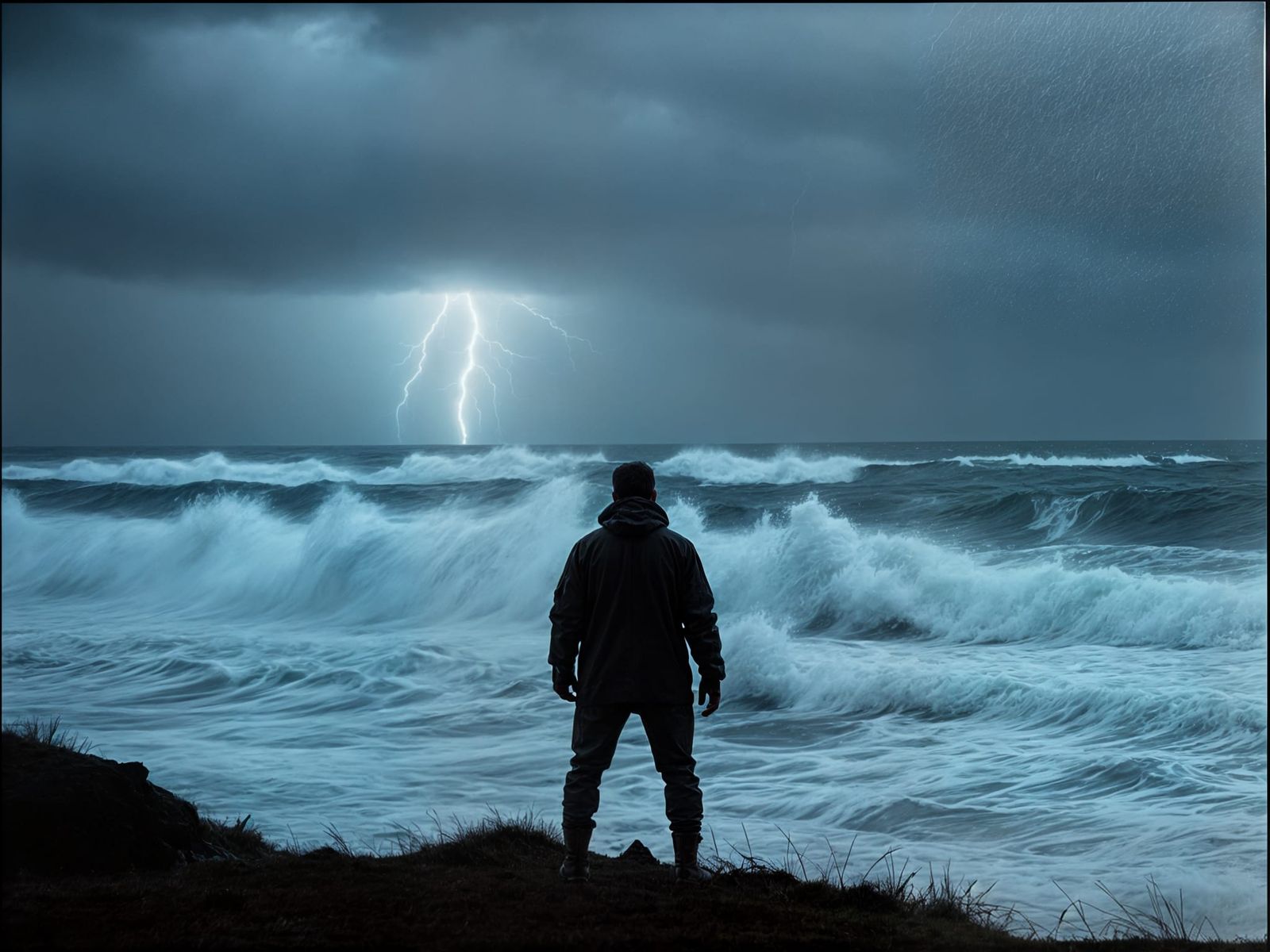 Brooding Figure Gazes at Stormy Sea in Noir Style
