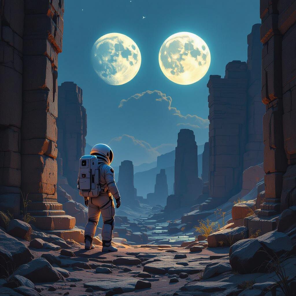 Astronaut Explores Alien Ruins Under Twin Moons