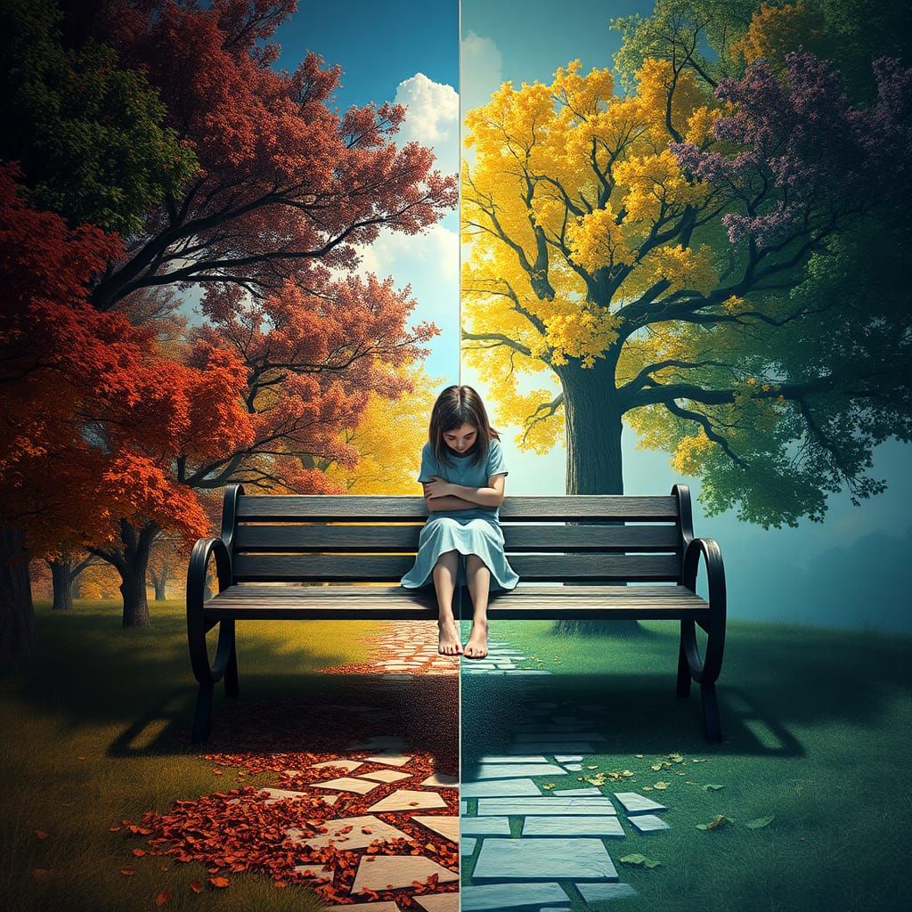 Four Seasons Around a Girl on a Bench