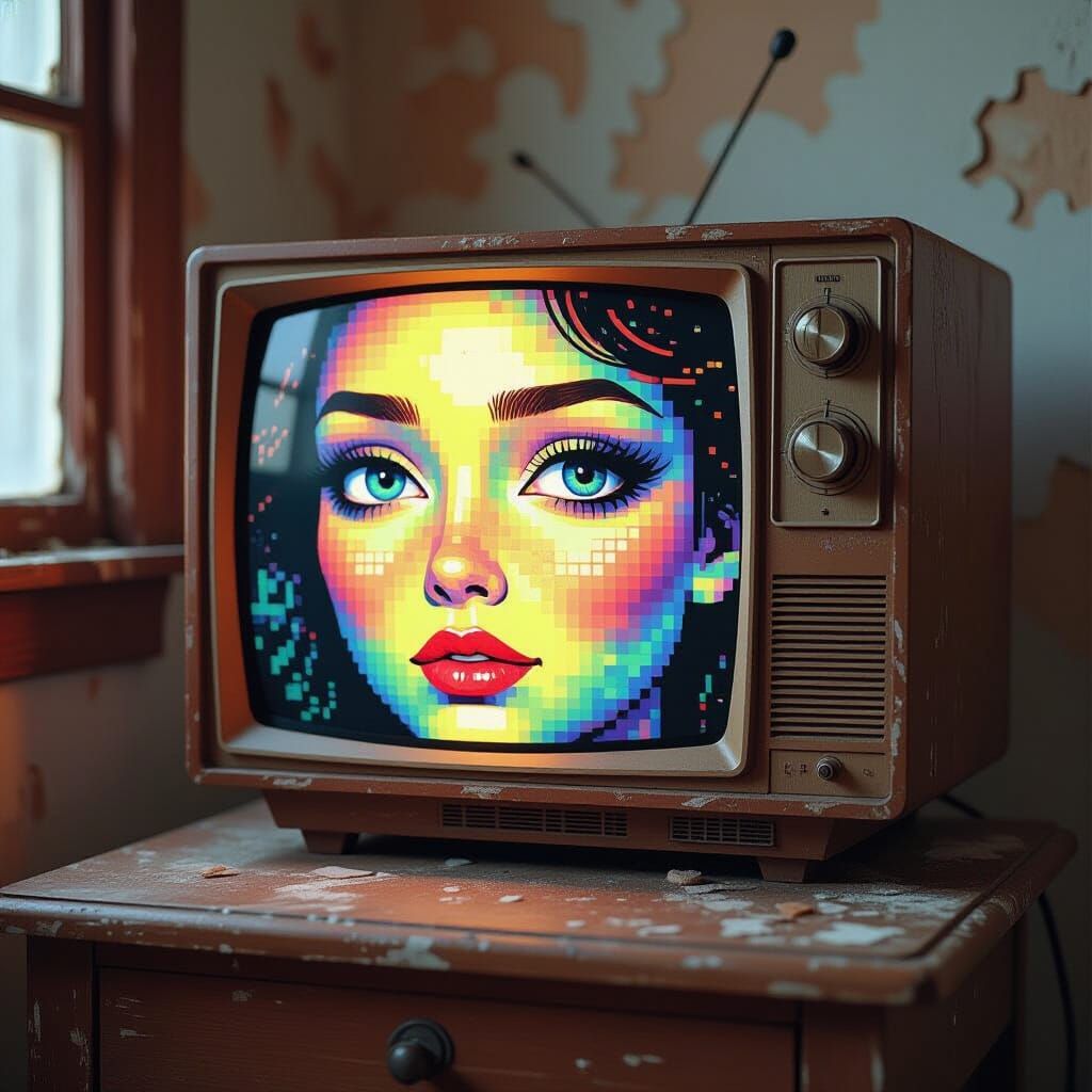 Melancholy Pixel Face on Vintage TV