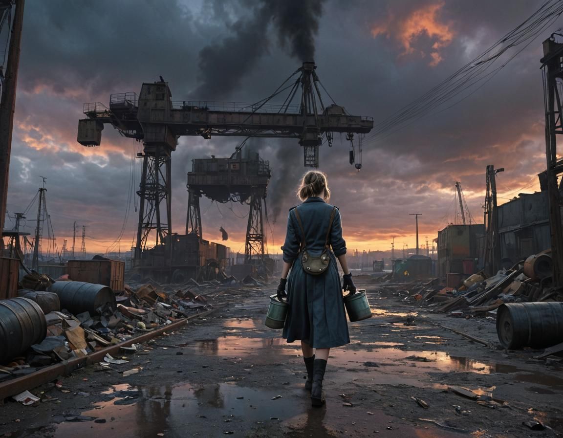 Dieselpunk Girl in Industrial Port at Sunset