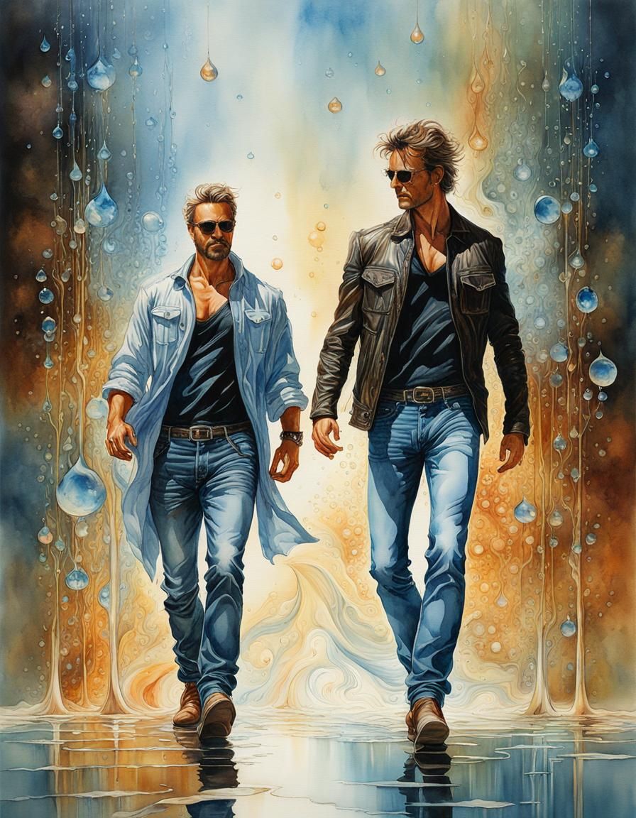 Two Men Walking in Dreamy Watercolor Style