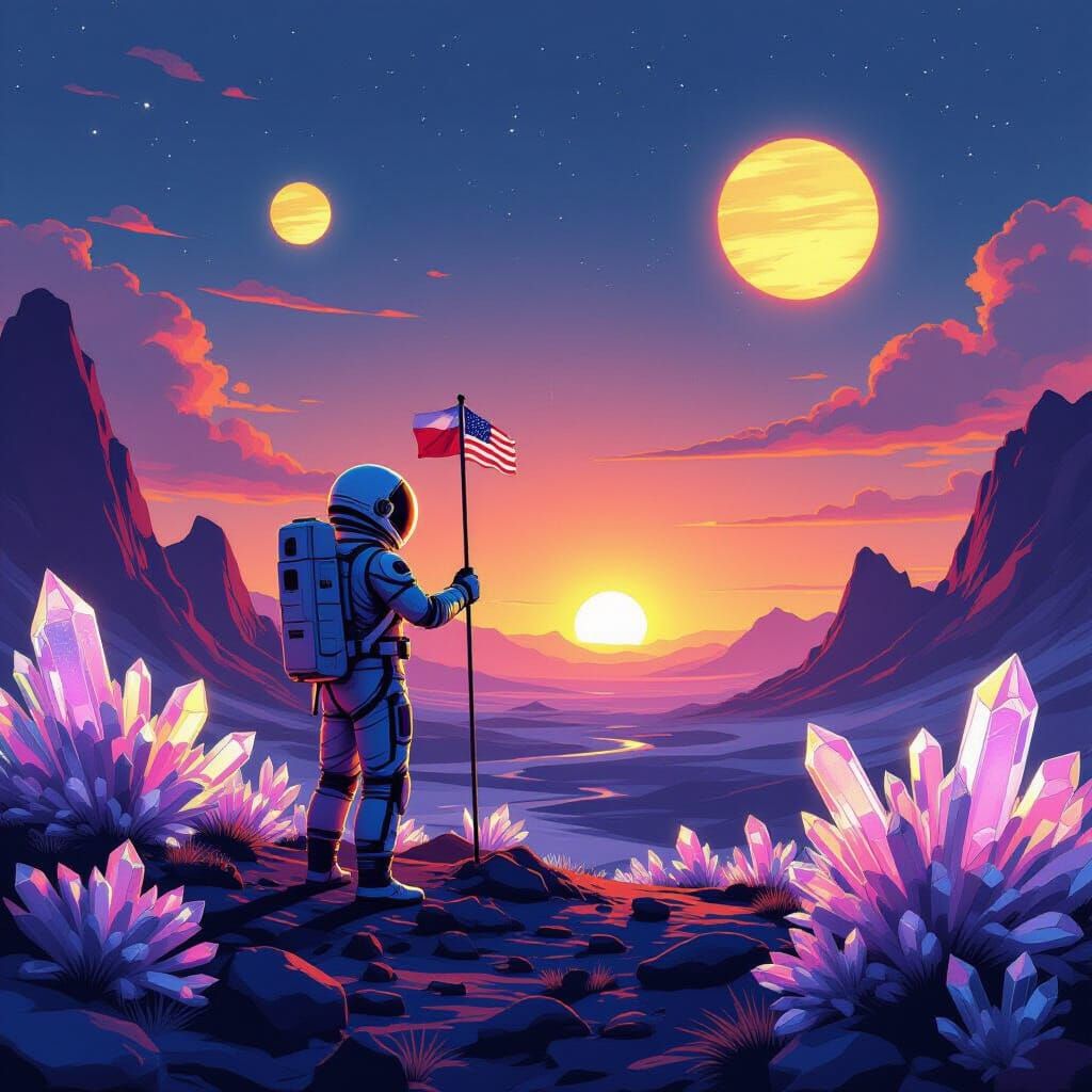 Astronaut Plants Flag on Bioluminescent Alien World