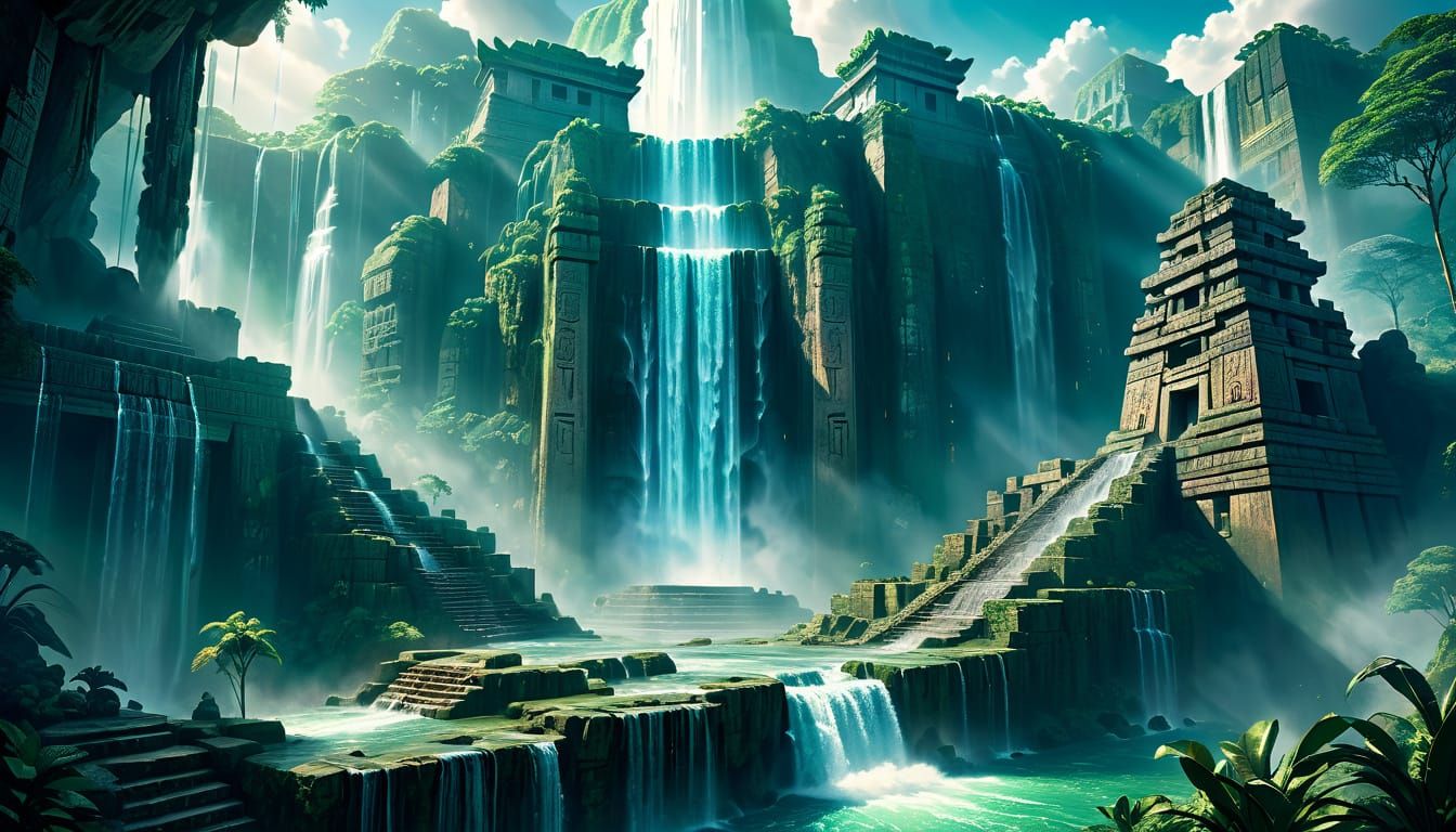 Epic Mayan Temples at Giant Waterfall