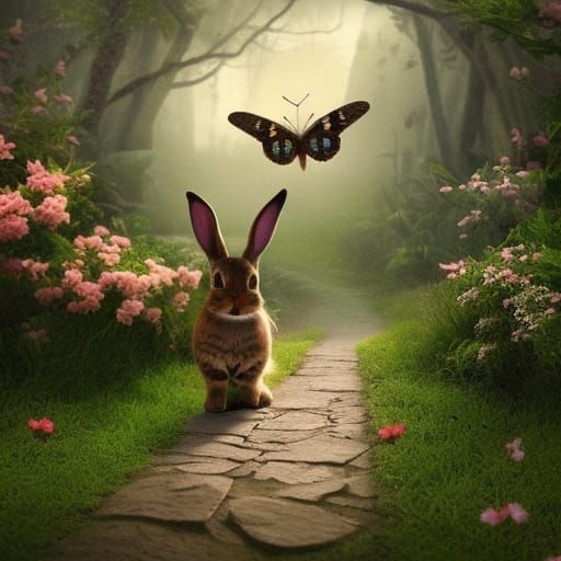 Bunny, Butterfly and Cat on a Path