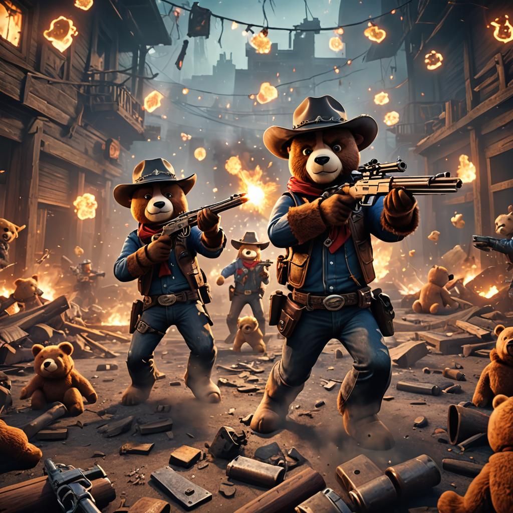 Cowboy Teddies in Chaotic 3D Game Scene