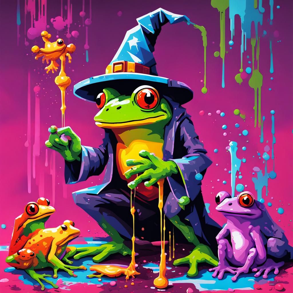 Pixelated Wizard and Frogs in Graffiti Street Art