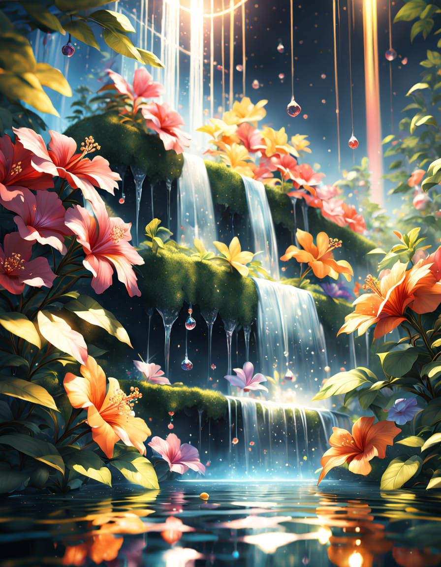 Crystal Waterfall with Rainbow Hibiscus Flowers in Anime Sty...