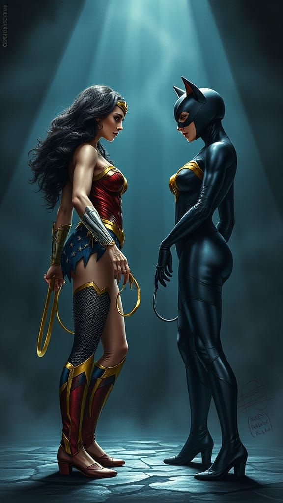 Epic Superheroine Showdown in Dark Cinematic Style