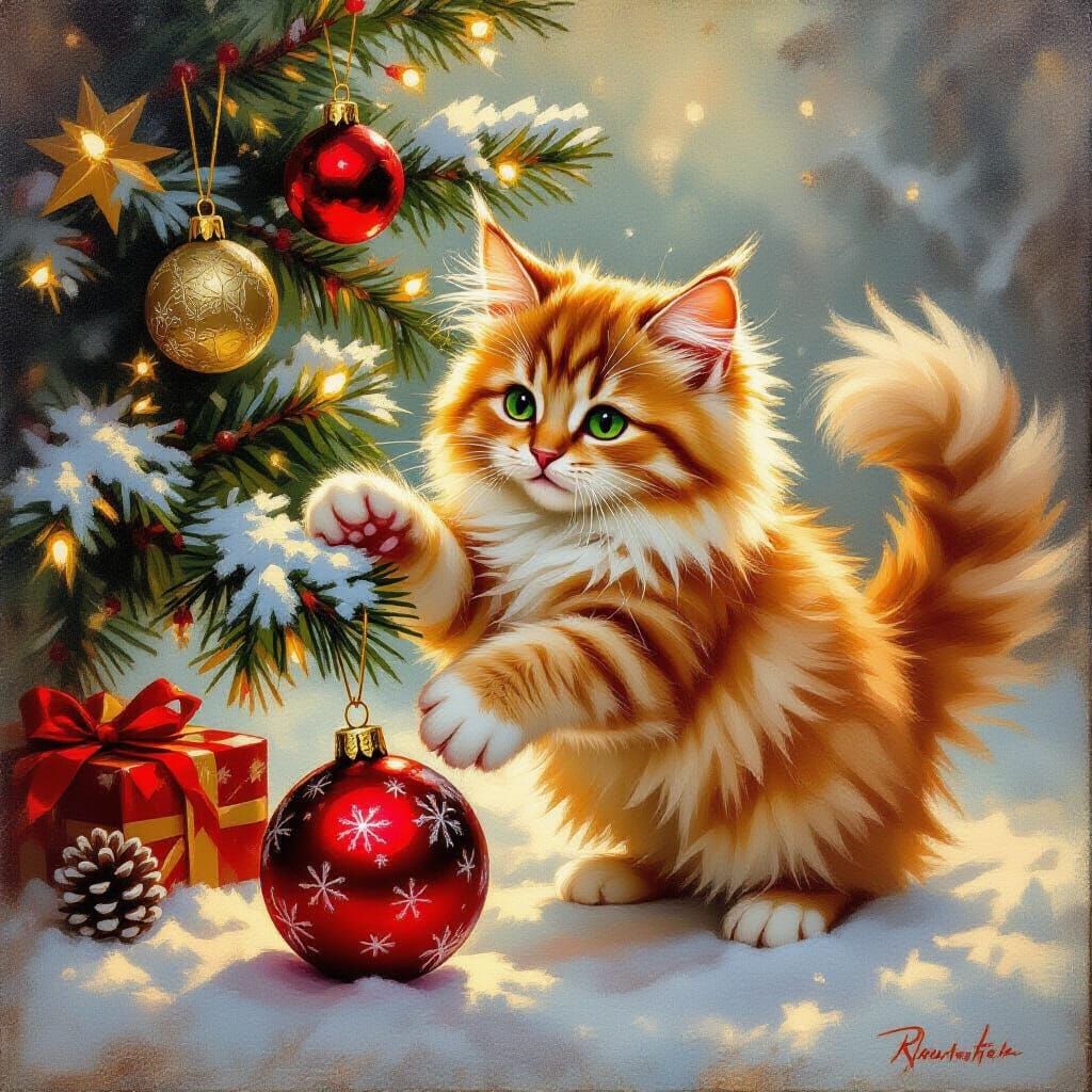 Vintage Oil Painting of a Ginger Cat with Christmas Ornament