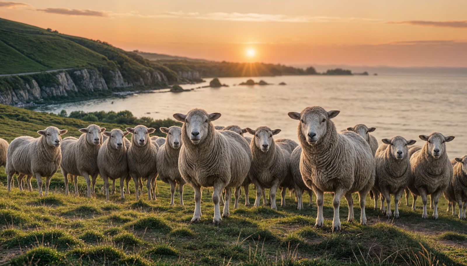 Sheep on the Dike at Sunset