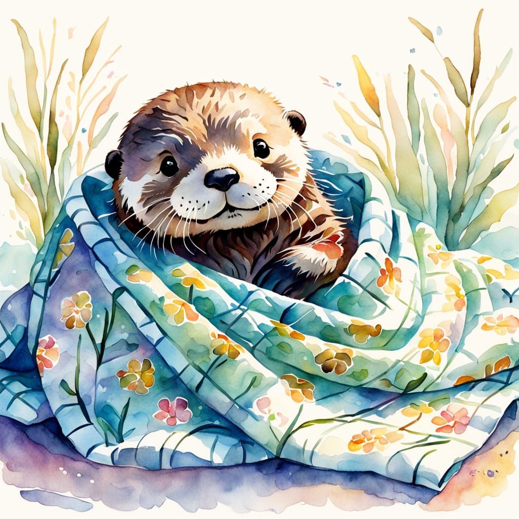 Whimsical Watercolor Sea Otter in Quilted Blanket