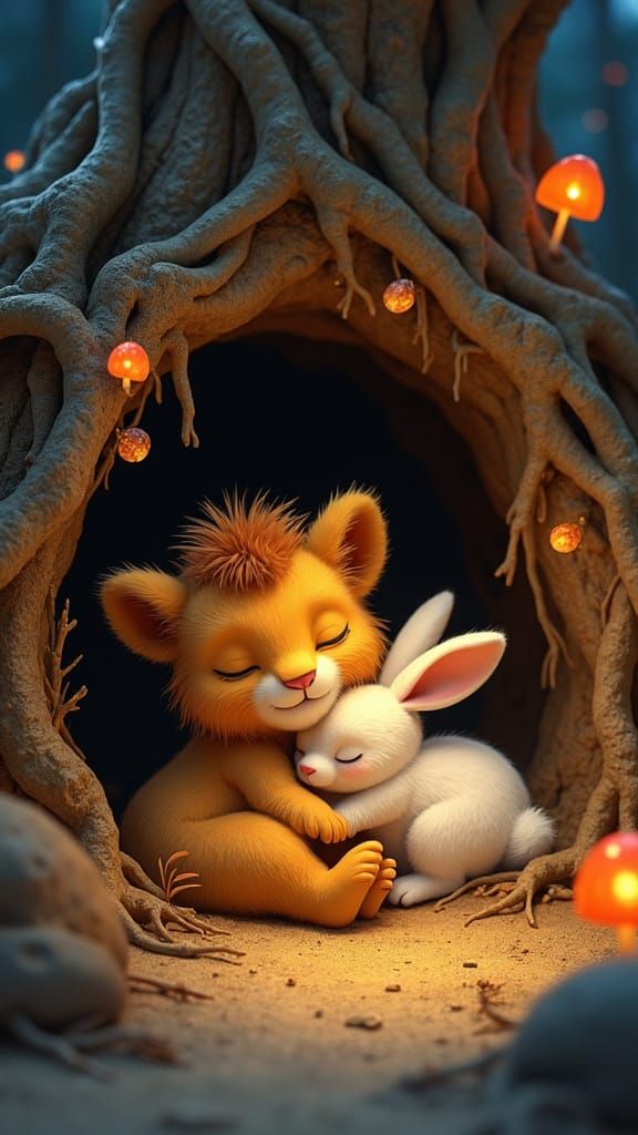 Lion Cub and Rabbit Snuggled in Burrow
