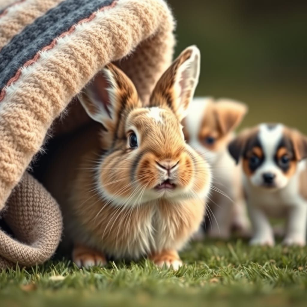 Rabbit Playing Hide and Seek with Puppies