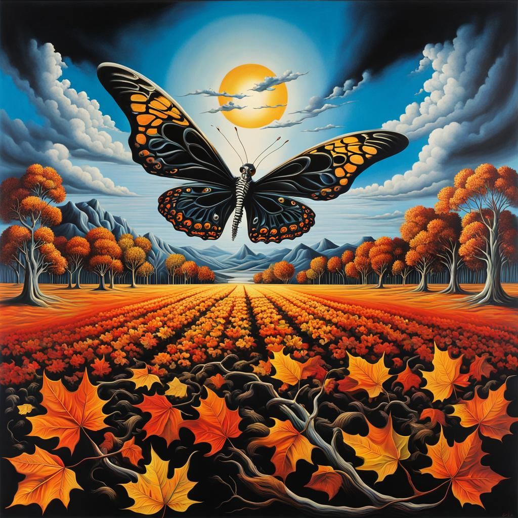 Surreal Landscape with Elastic Flora and Black Butterfly