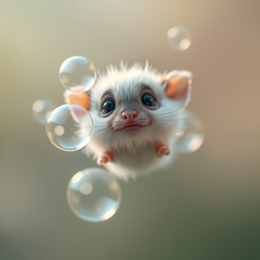 Enchanting Furry Creature in Soap Bubbles