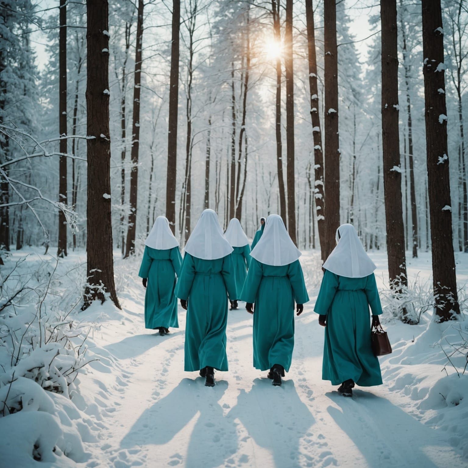 Nuns Walk Snowy Path to Sunrise