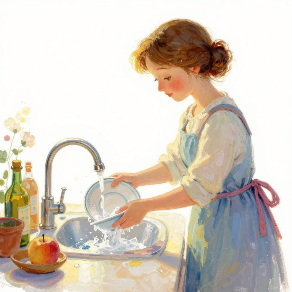 Mother Washing Dishes in Expressive Acrylic Storybook Style