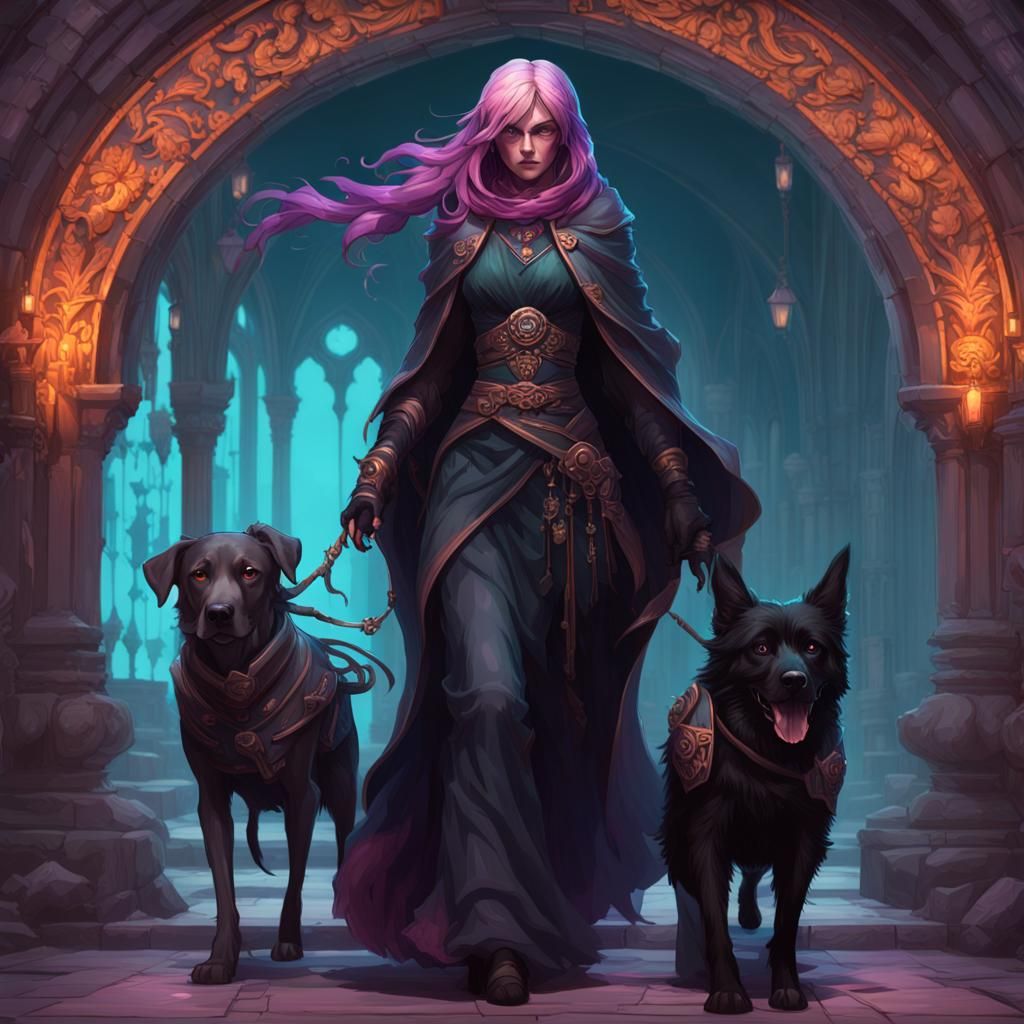 Pink Haired Reaper with Black Dog, Art Nouveau Style
