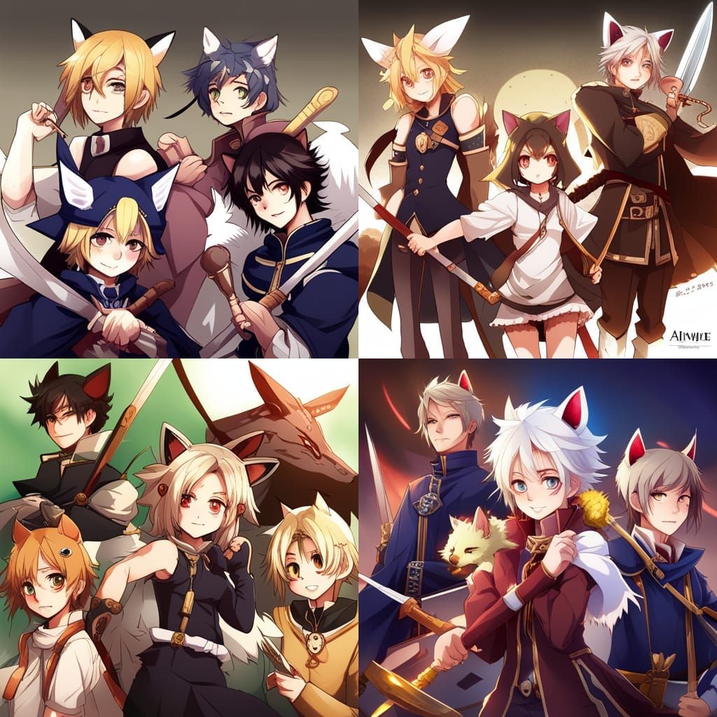 Anime Style: Four Youths with Fantasy Companions