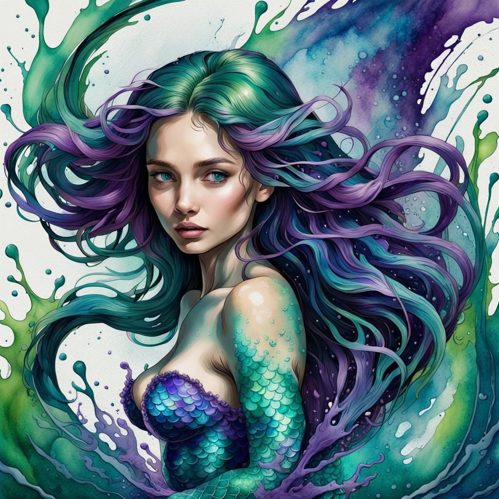 Mermaid in Liquid Ink Splatter Style